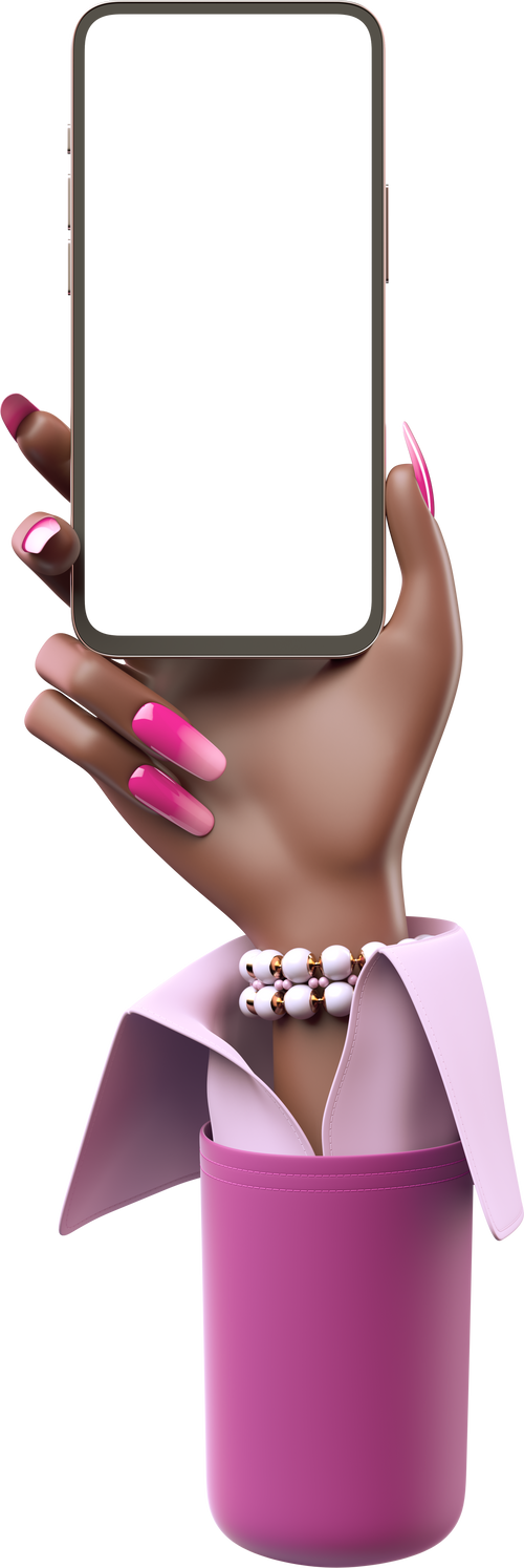 3D right hand of black african american woman in pink suit with pearl bracelet showing mobile phone with blank screen. Phone mockup